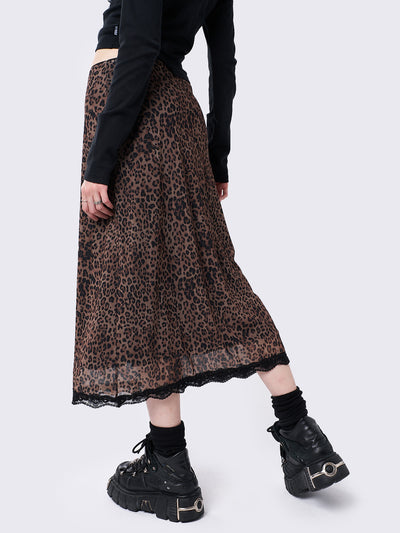 Mesh midi skirt in brown leopard print