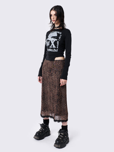 Mesh midi skirt in brown leopard print