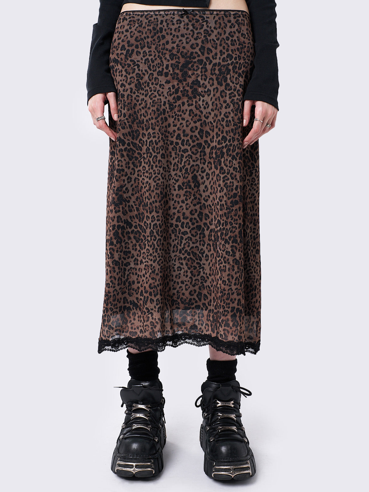 Mesh midi skirt in brown leopard print