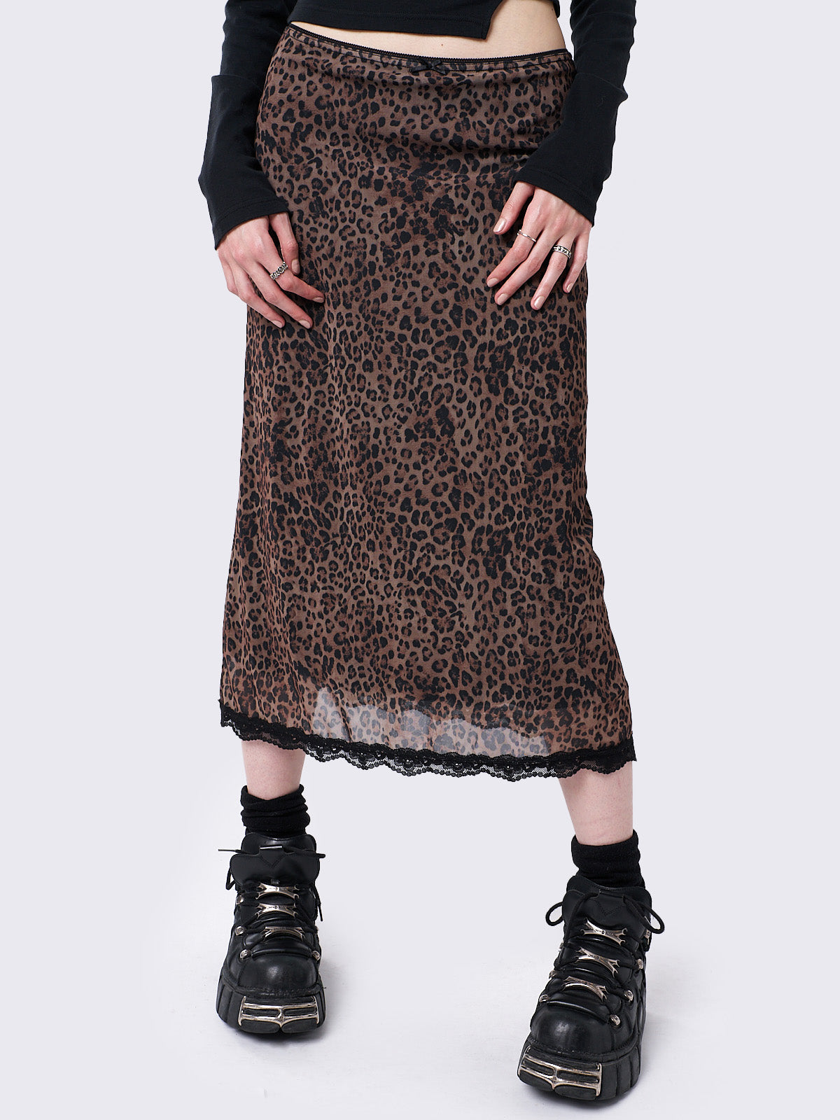Mesh midi skirt in brown leopard print