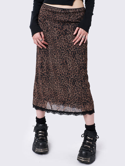 Mesh midi skirt in brown leopard print
