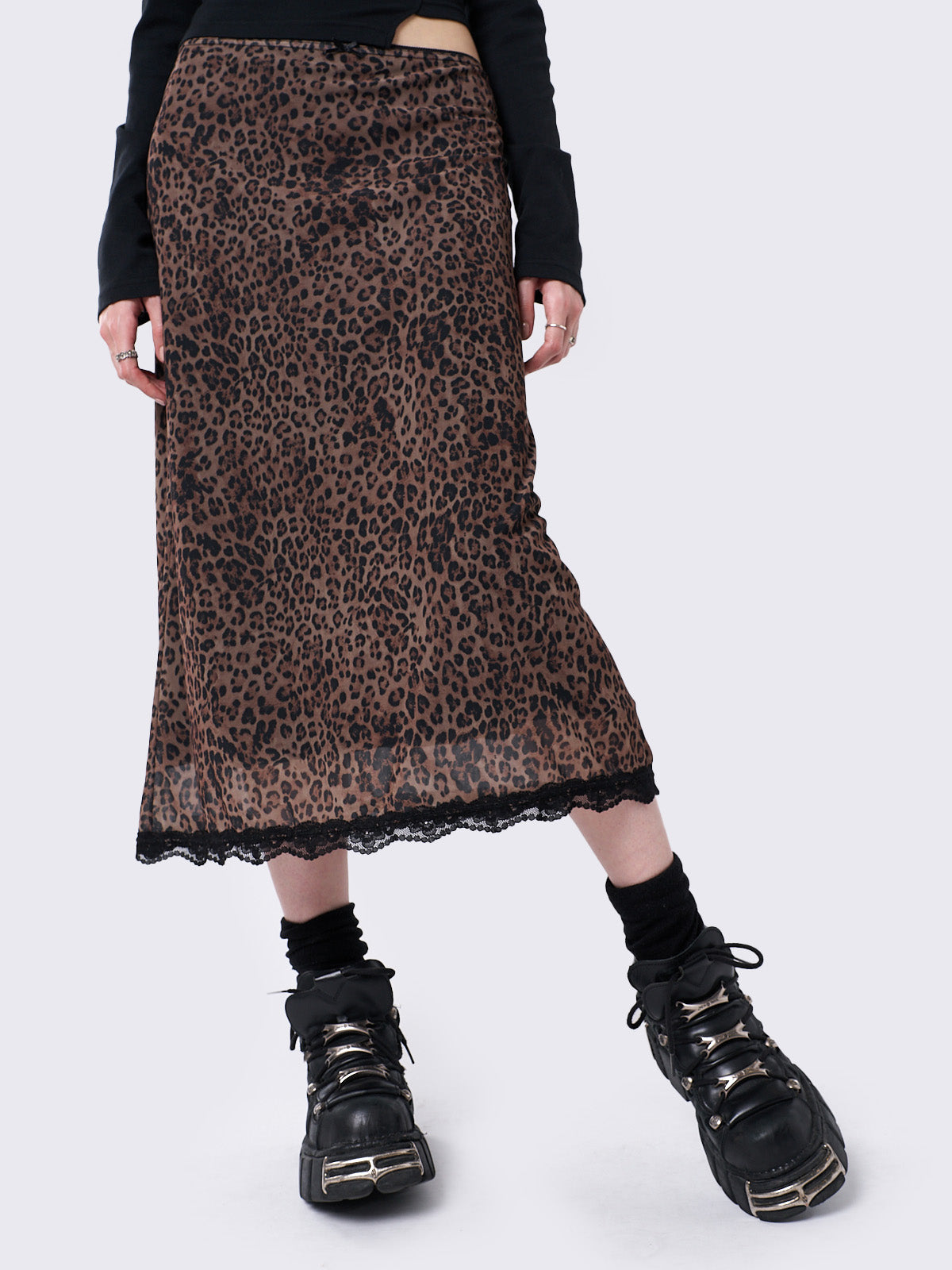 Mesh midi skirt in brown leopard print