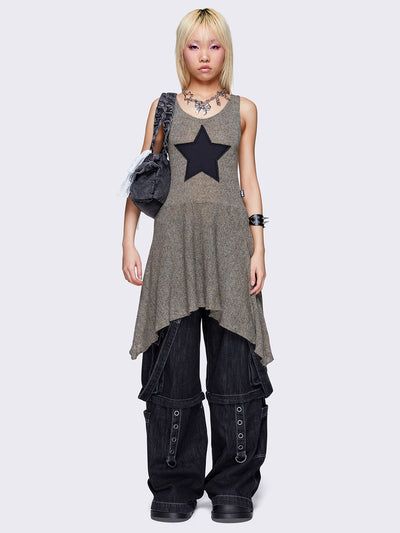 Khaki green sleeveless knitted dress with a black star front patch, featuring a mini asymmetrical length for a stylish and unique look.
