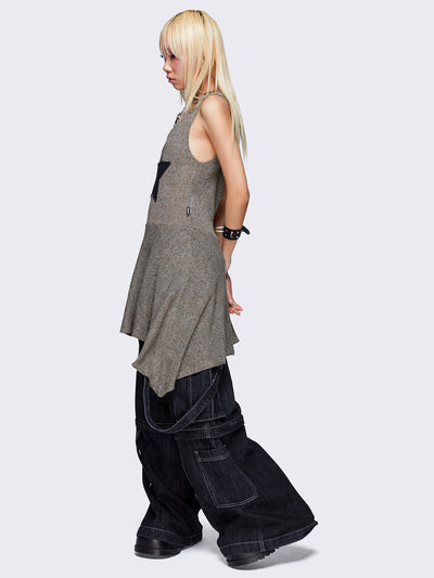 Khaki green sleeveless knitted dress with a black star front patch, featuring a mini asymmetrical length for a stylish and unique look.
