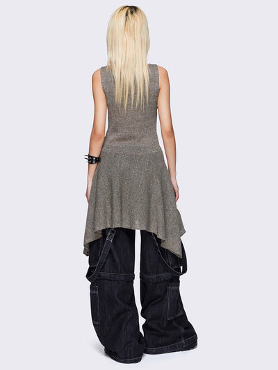 Khaki green sleeveless knitted dress with a black star front patch, featuring a mini asymmetrical length for a stylish and unique look.