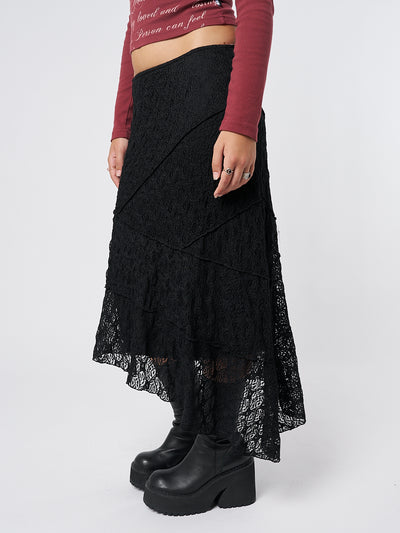 Nolia Black Lace Asymmetric Midi Skirt - Minga London