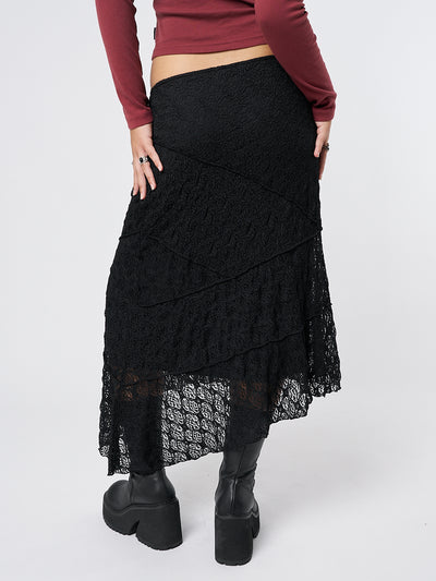 Nolia Black Lace Asymmetric Midi Skirt - Minga London