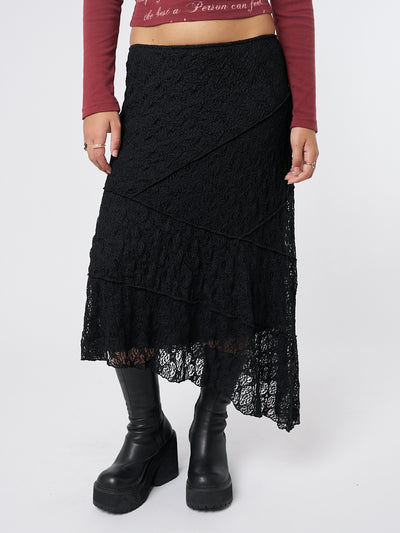 Nolia Black Lace Asymmetric Midi Skirt - Minga London