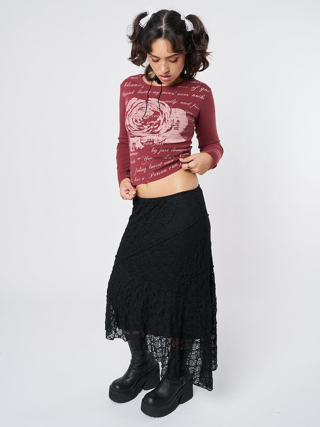 Nolia Black Lace Asymmetric Midi Skirt - Minga London