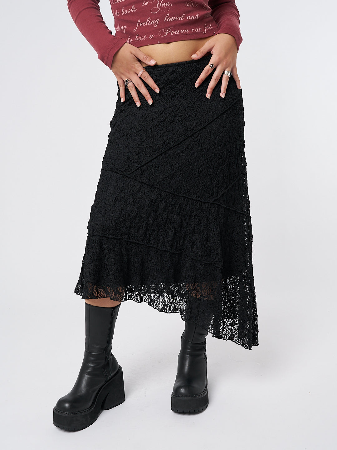 Nolia Black Lace Asymmetric Midi Skirt - Minga London