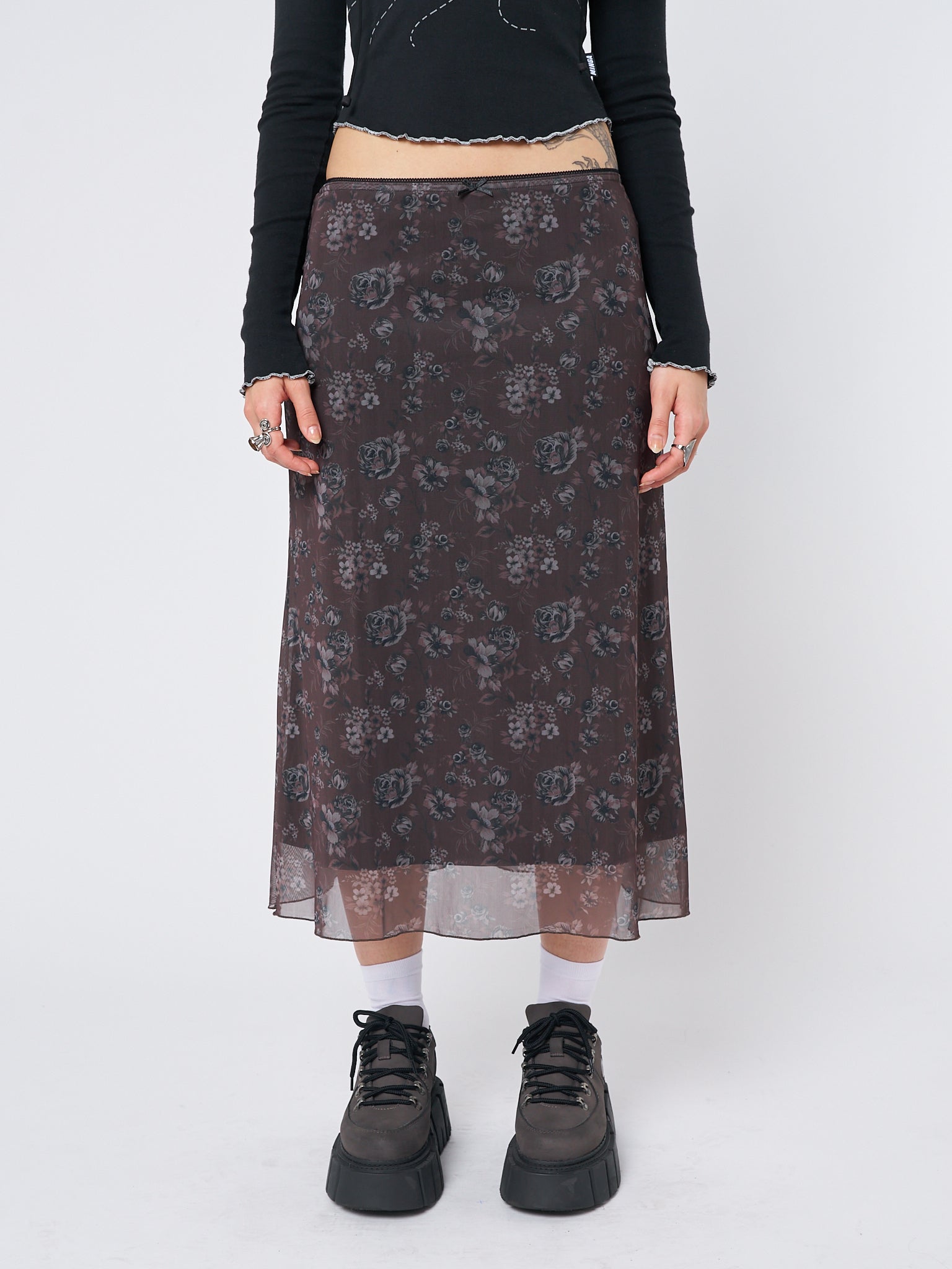 Pearl Floral Print Midi Skirt
