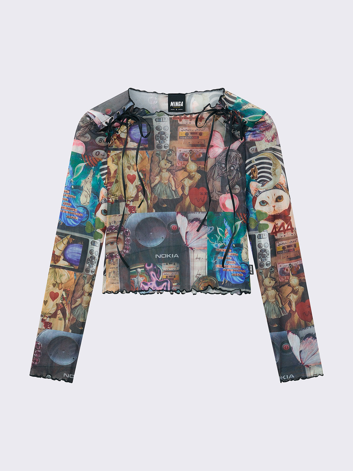 Printed mesh crop top with all over pop art collage graphic print, black lace up details, reverse stitching, and lettuce edge trims.