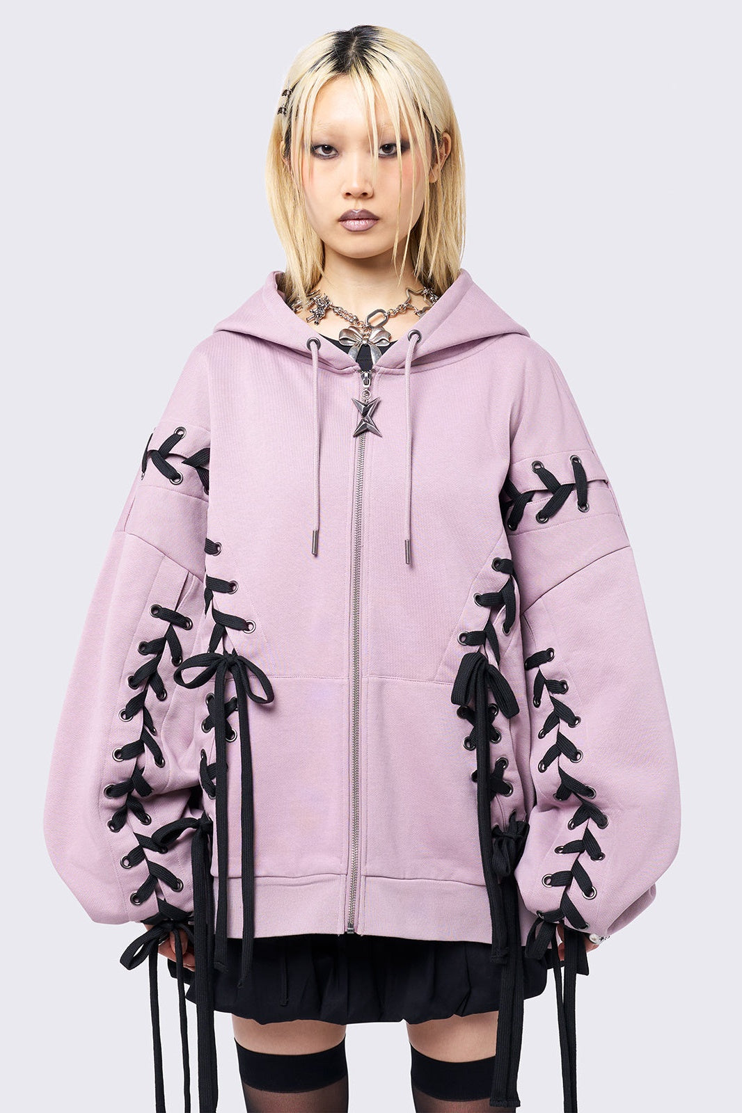 Pink Oversized Zip Up Hoodie with Black Lace Up | Minga London