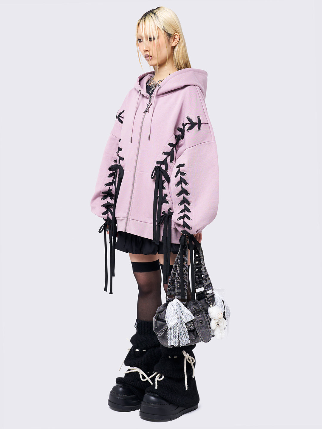 ⭐️mia Black Oversized Zip Up Hoodie with Lace Up Details | Minga