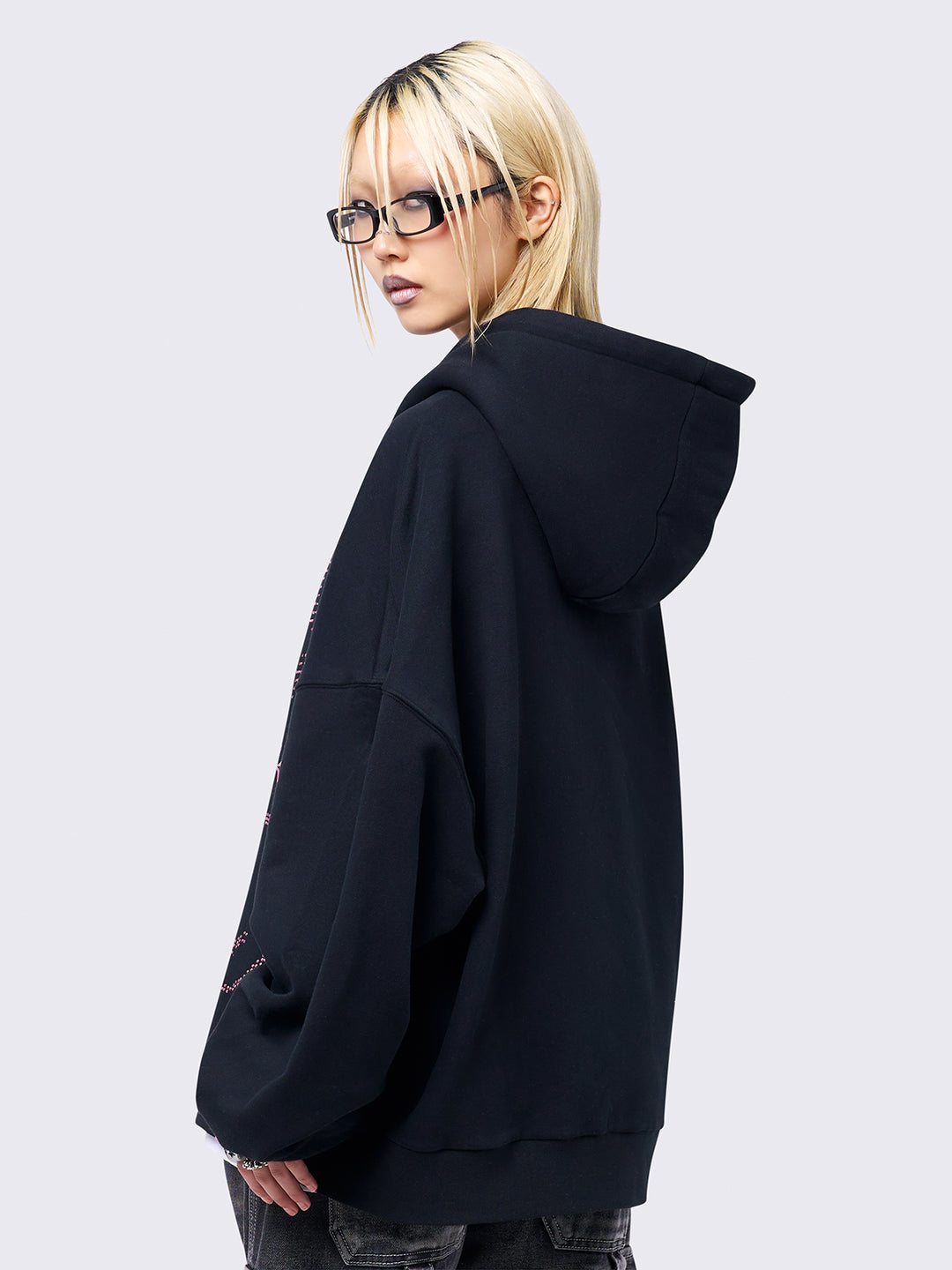 Cat Graphic Oversized Zip Up Hoodie in Black with Pink Studs