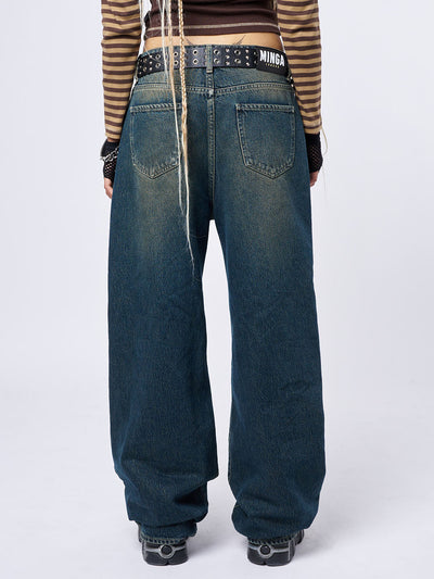 RIP' Washed Blue Loose Baggy Jeans