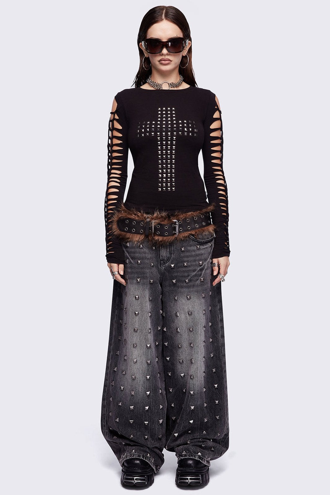 Studded Cross Black Top with Slashed Sleeves | Minga London