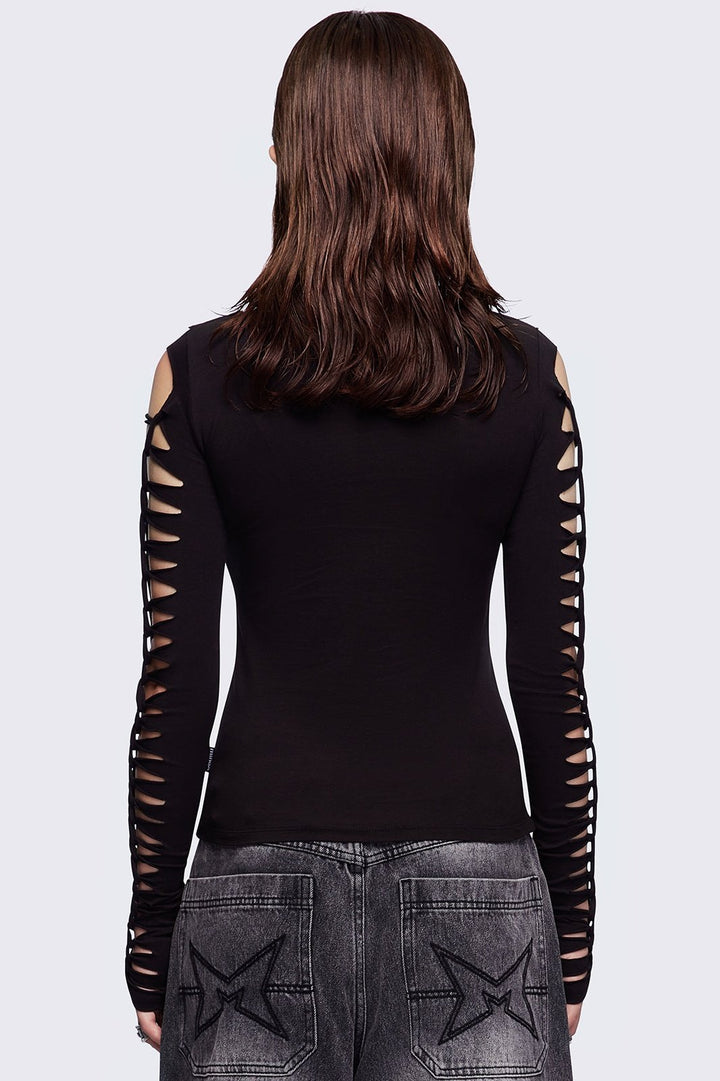 Studded Cross Black Top with Slashed Sleeves | Minga London