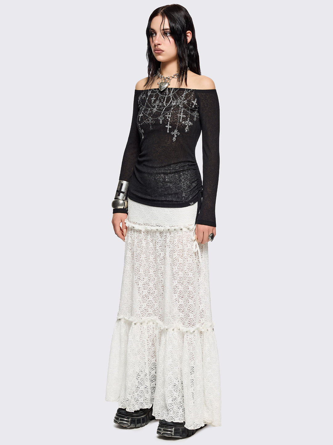 Black Off-Shoulder Top with Rosaries Graphic Print | Minga London