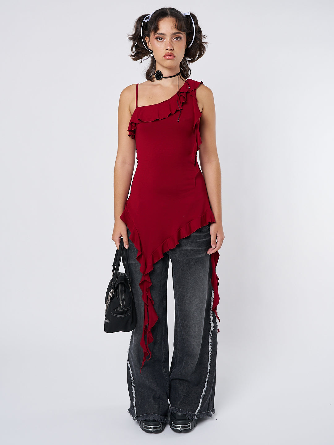 Scarlett Burgundy Asymmetric Frill Top - Minga London