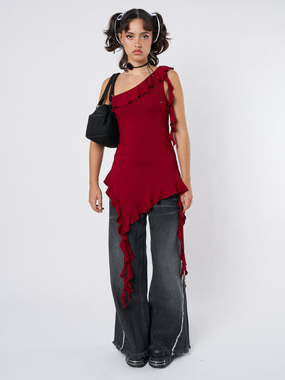 Scarlett Burgundy Asymmetric Frill Top - Minga London