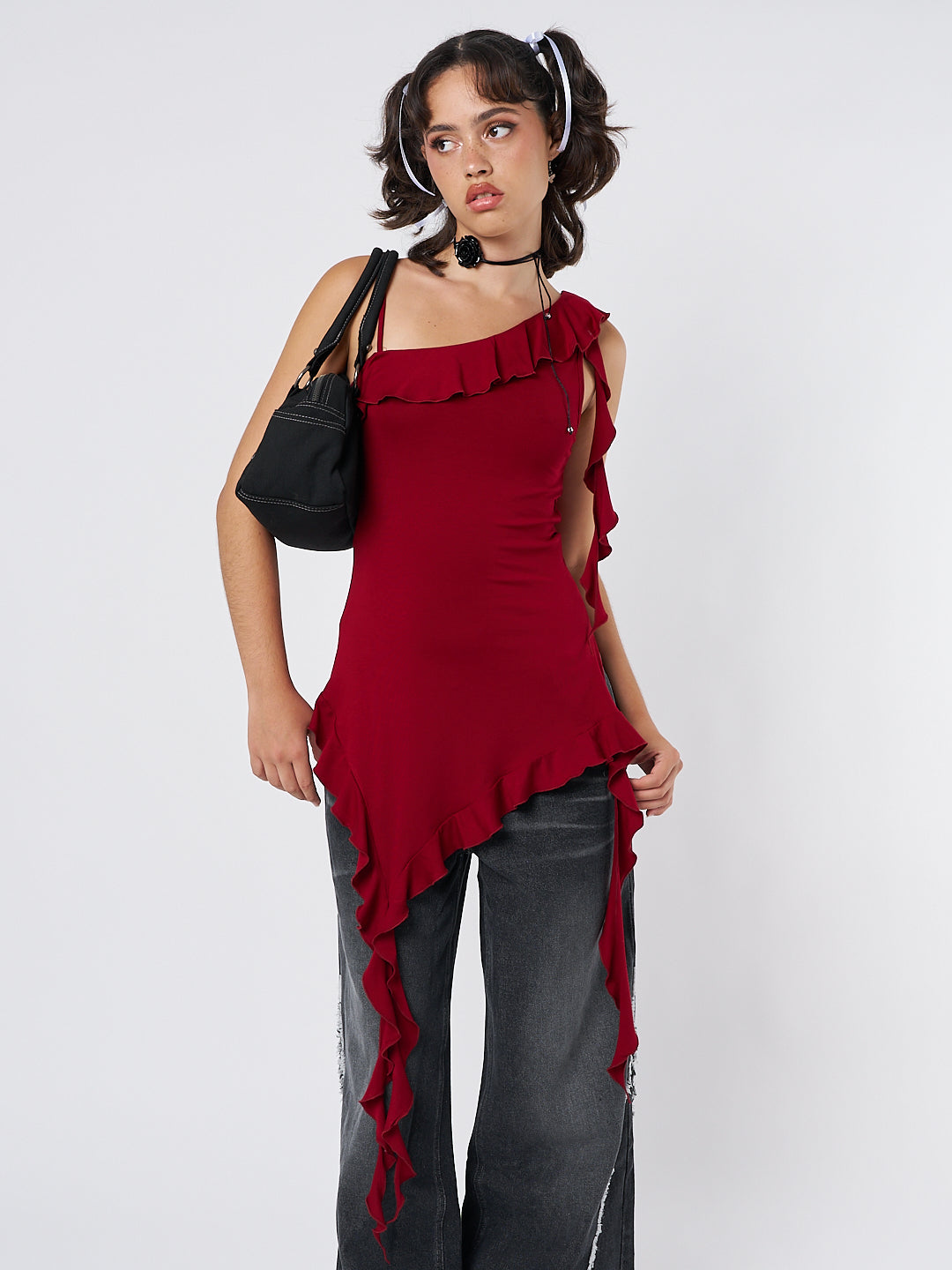 Scarlett Burgundy Asymmetric Frill Top - Minga London