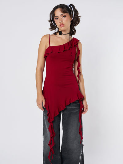 Scarlett Burgundy Asymmetric Frill Top - Minga London