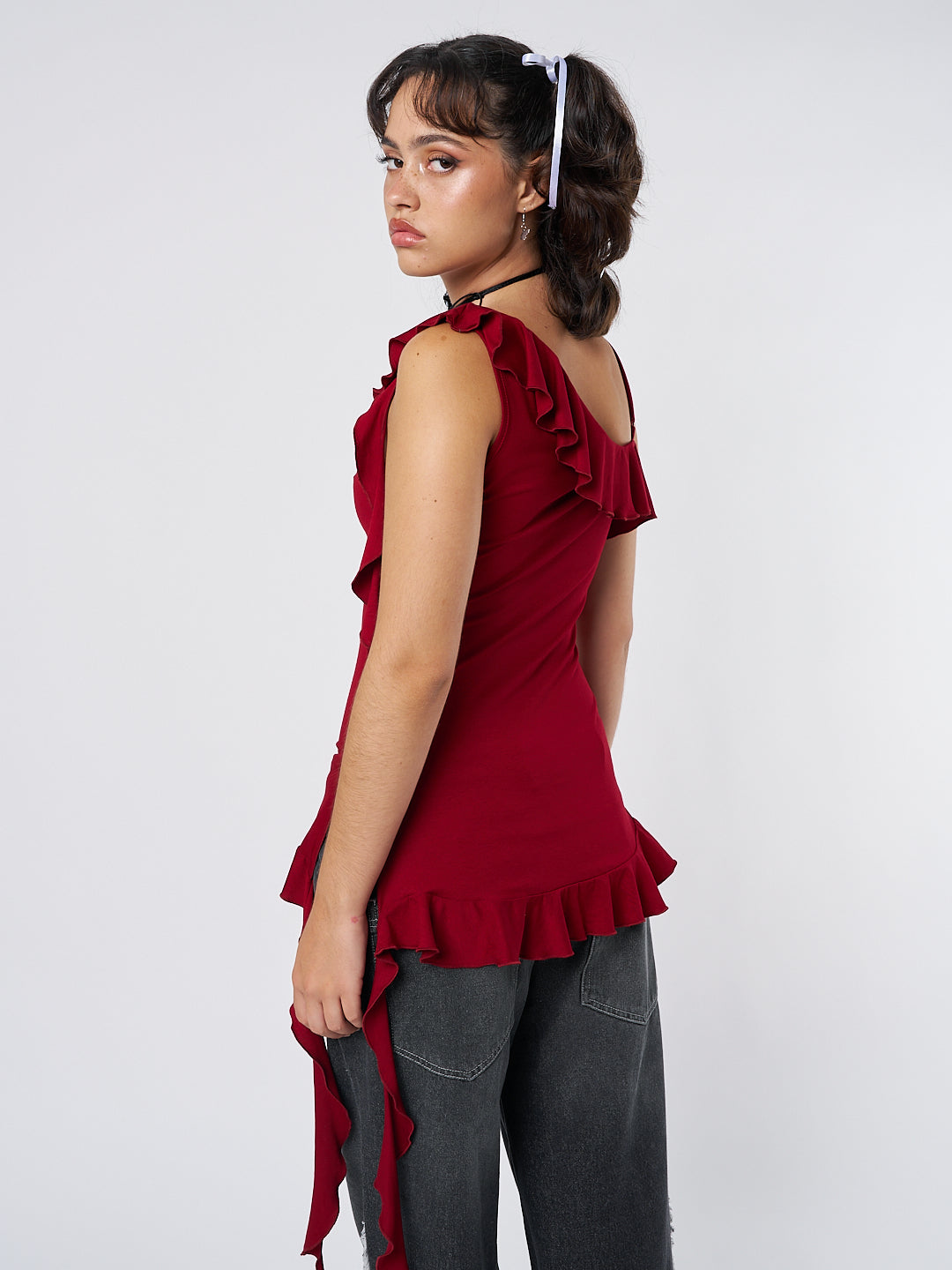 Scarlett Burgundy Asymmetric Frill Top - Minga London