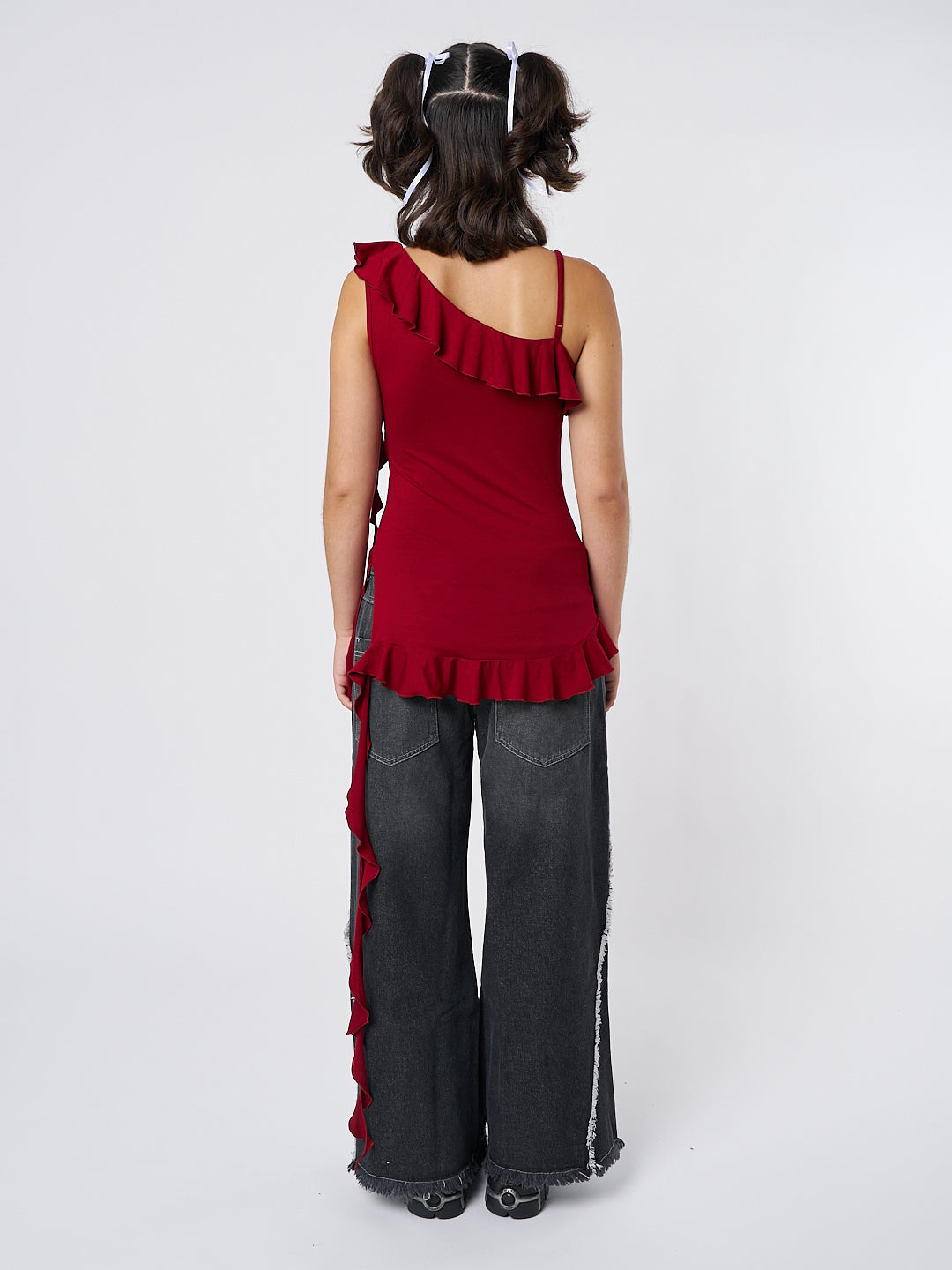 Scarlett Burgundy Asymmetric Frill Top - Minga London