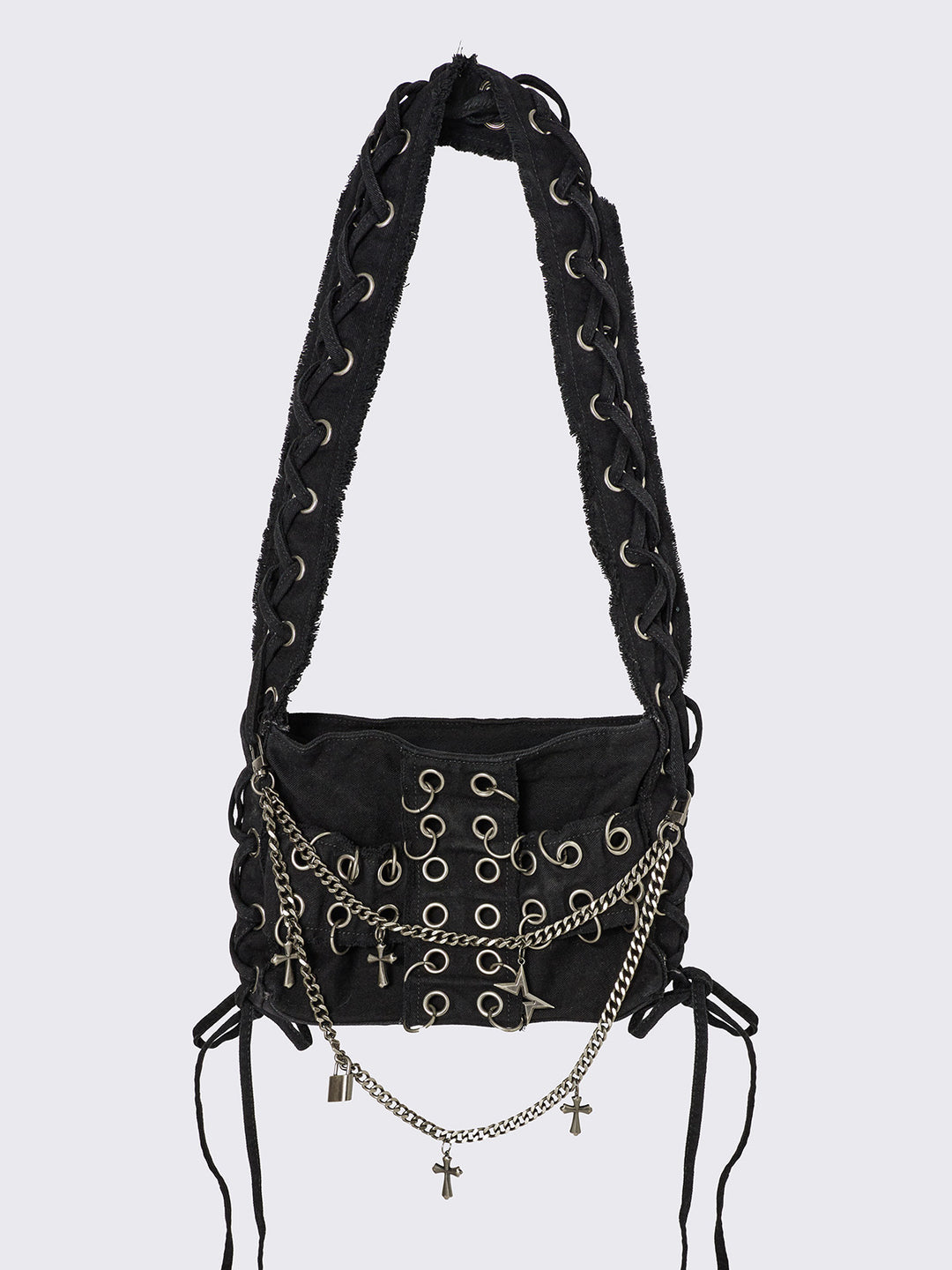 国内未入荷 Minga London - RHAPSODY CROSSBODY BAG Grey Washed Crossbody Bag with Eyelet Strap and Ring Details