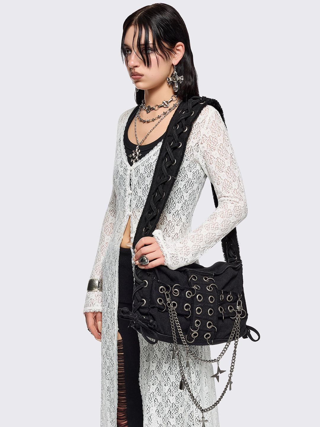 Black Crossbody Bag with Eyelet Cross and Lace Up | Minga London
