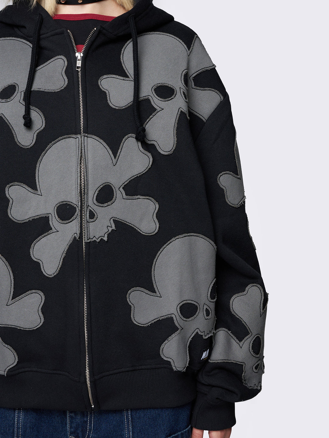 Black Oversized Zip Up Hoodie with Skull Patches Minga London