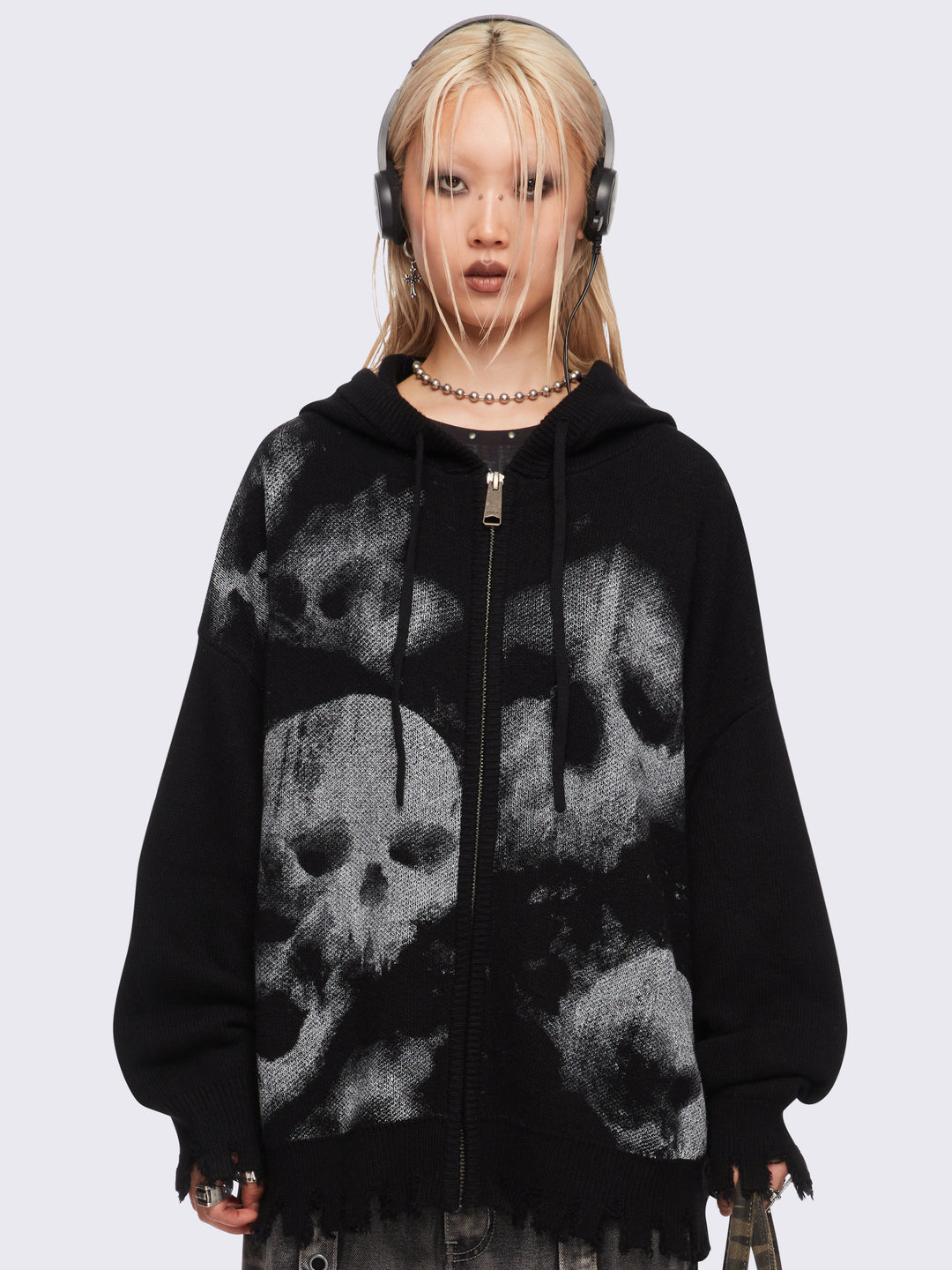 Knitted Zip Up Hoodie with Skull Prints | Minga London