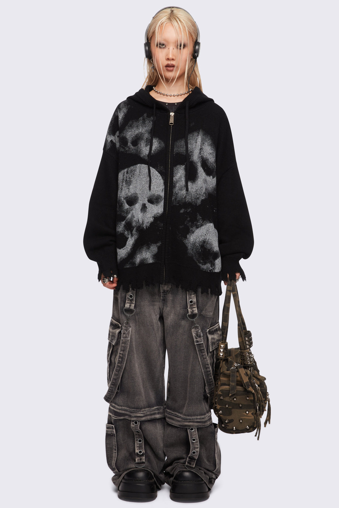 Knitted Zip Up Hoodie with Skull Prints | Minga London