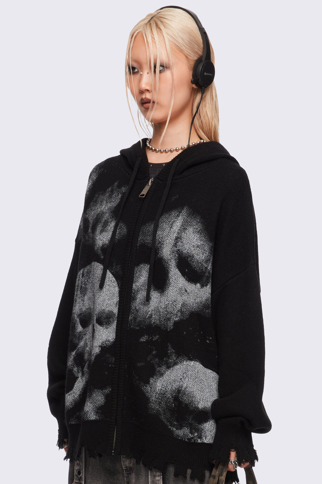 Knitted Zip Up Hoodie with Skull Prints | Minga London