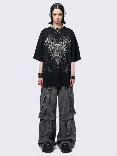 Black graphic t-shirt with grunge graphic front print. 