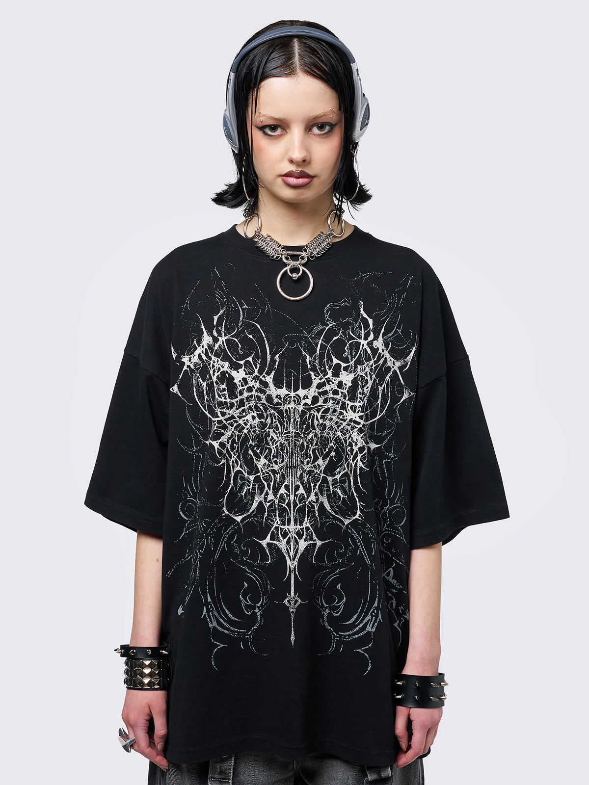 Black graphic t-shirt with grunge graphic front print. 