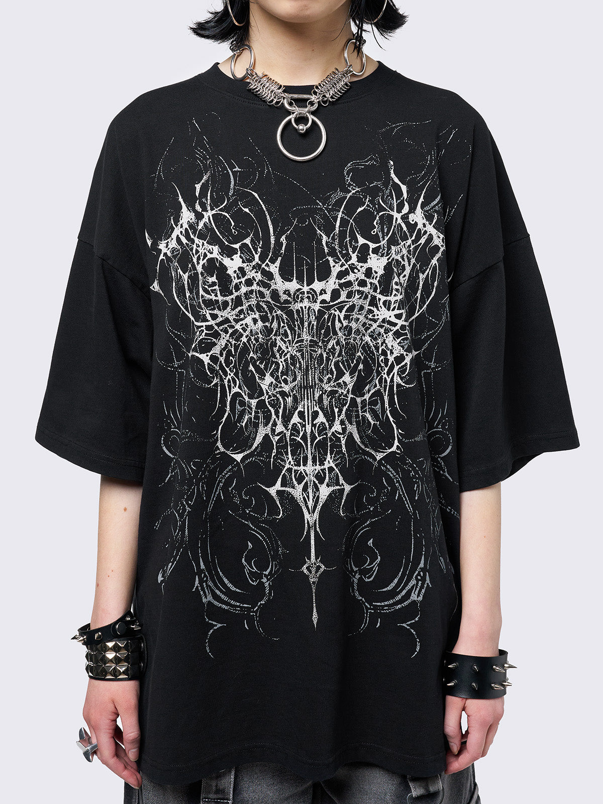 Black graphic t-shirt with grunge graphic front print. 