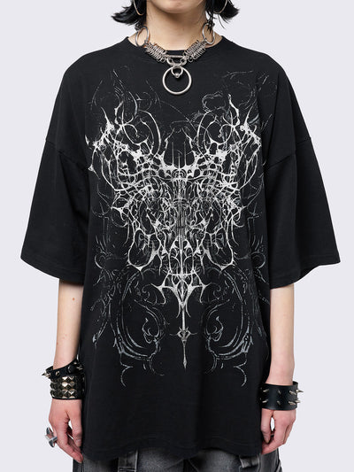 Black graphic t-shirt with grunge graphic front print. 