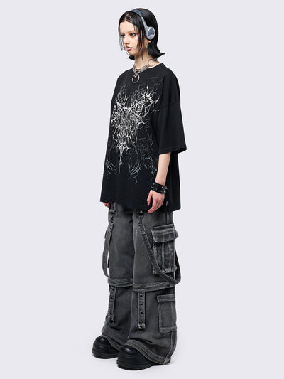 Black graphic t-shirt with grunge graphic front print. 