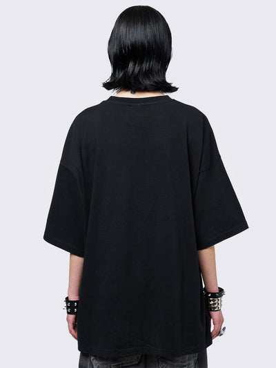 Black graphic t-shirt with grunge graphic front print. 