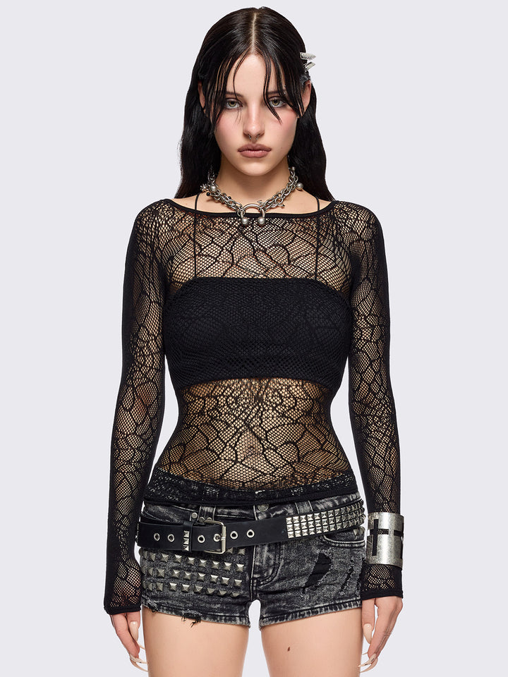 国内未入荷 Minga London - WILLA LACE UP MESH TOP crossed-paths-black-fishnet-