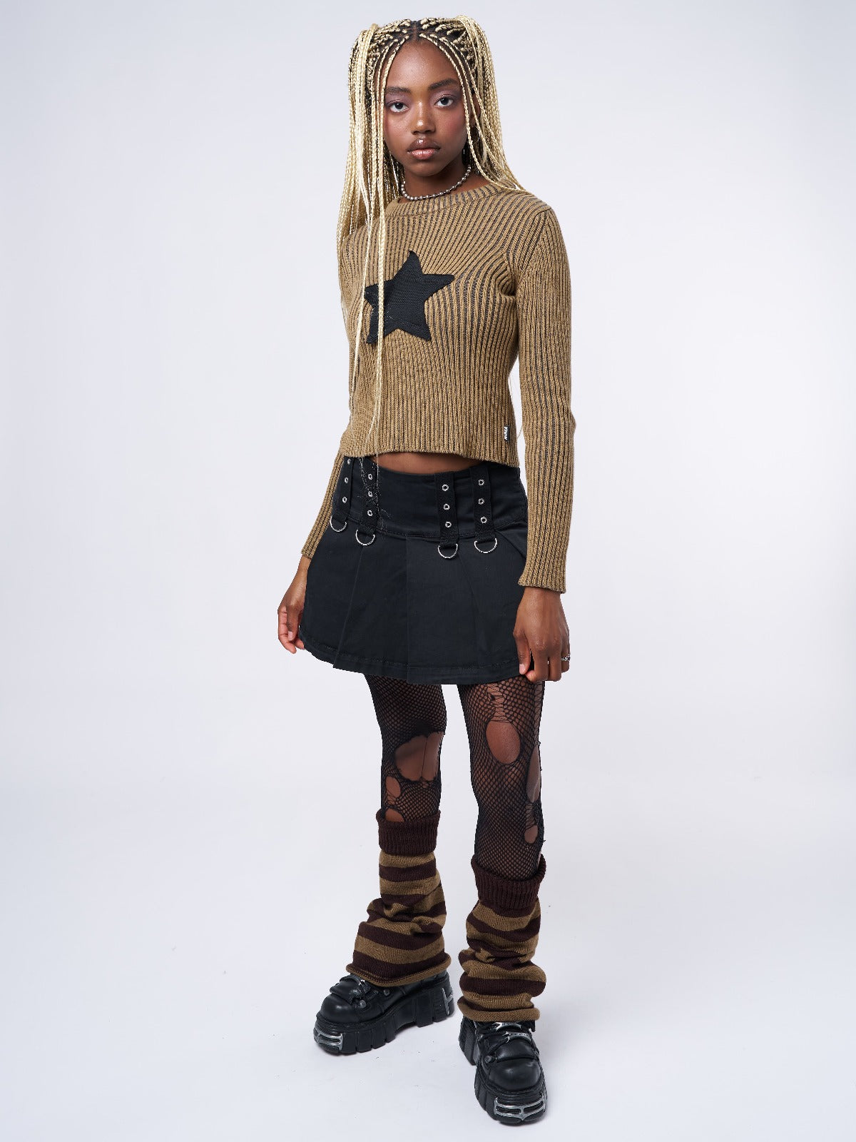Brown Star Patch Washed Retro Ribbed Jumper | Minga London