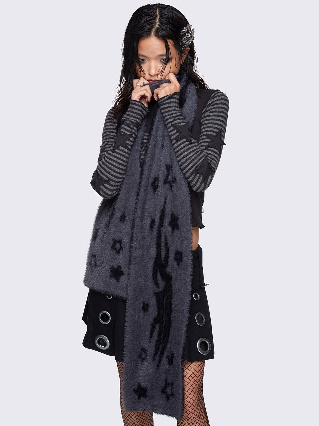 Fuzzy Scarf in Black and Grey with Stars and Tribal Print | Minga