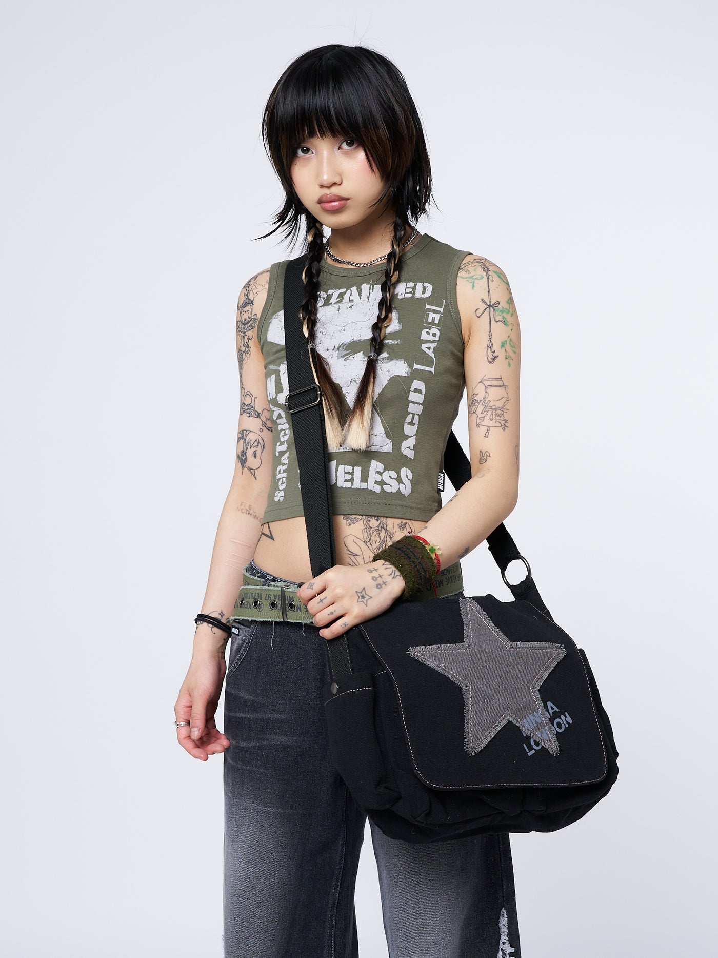 Super Star Black Canvas Messenger Bag - Minga London