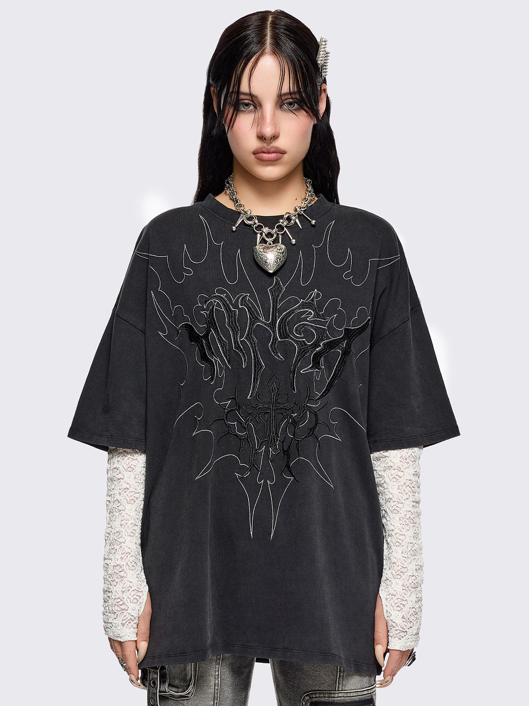 Black Graphic Layered T-Shirt with White Lace Long Sleeves | Minga