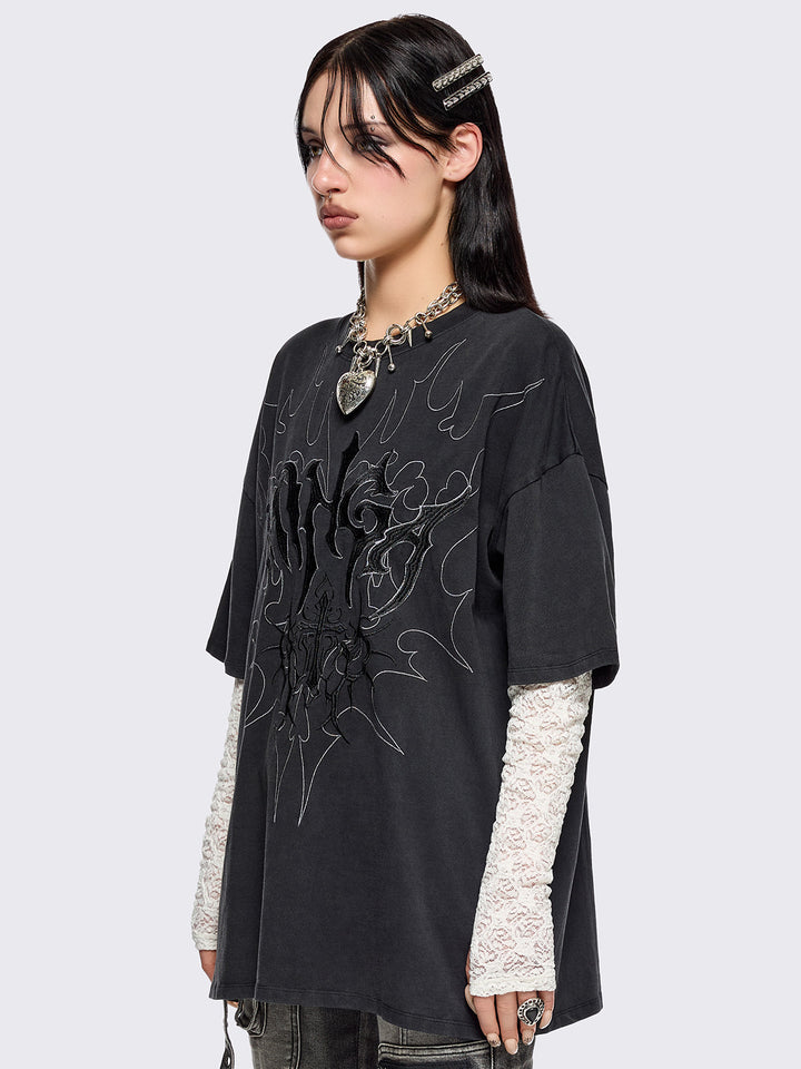 Black Graphic Layered T-Shirt with White Lace Long Sleeves | Minga