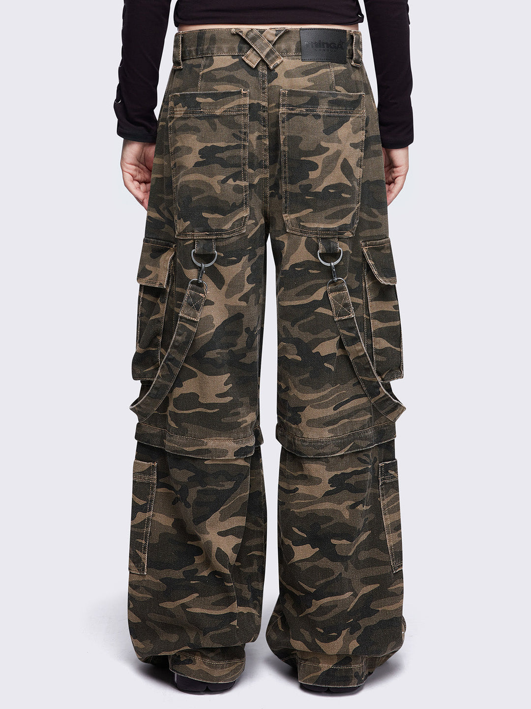 Camo Multi Pocket Wide Leg Cargo Jeans with Straps and Detachable