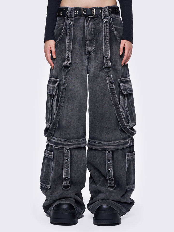 Grey Multi-Pocket Convertible Cargo Jeans – Wide Leg | Minga London