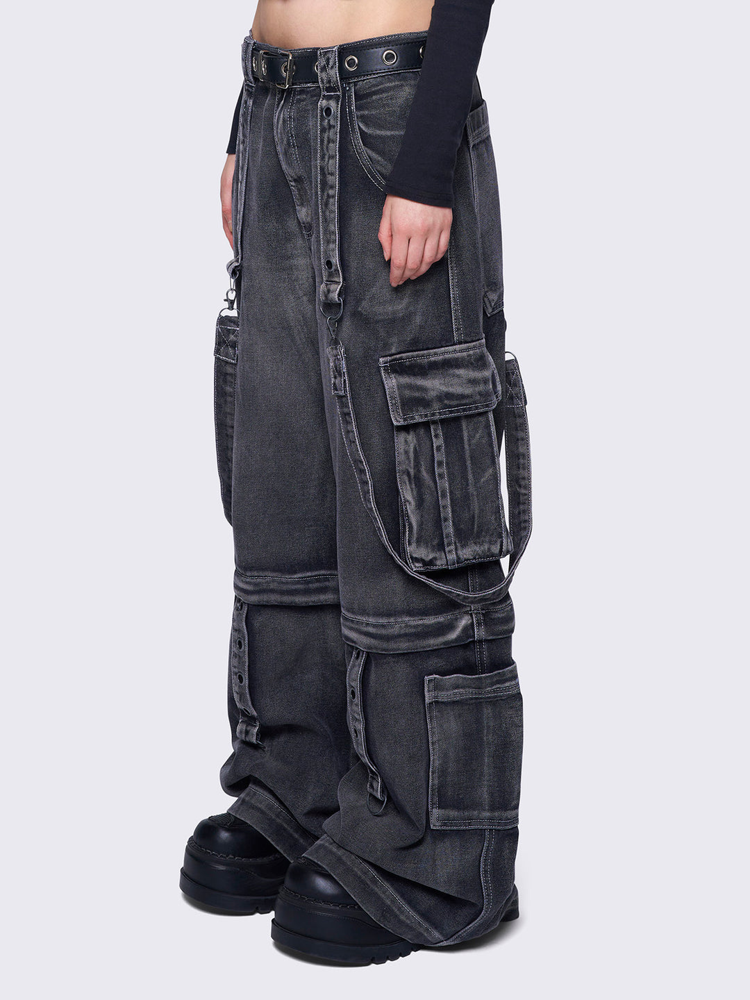 Grey Multi-Pocket Convertible Cargo Jeans – Wide Leg | Minga London